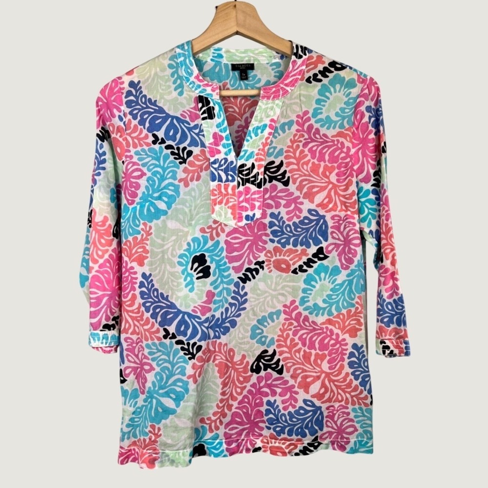 Talbots Tunic Womens SP Pink Paisley Cotton Split Neck 3/4 Sleeve Blouse Casual